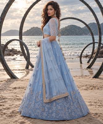 MINT BLUE NET BEATS & THREAD EWMBROIDERY WITH SEQUINCE WORK FESTIVE LEHENGA CHOLI SET FOR WOMEN'S 2