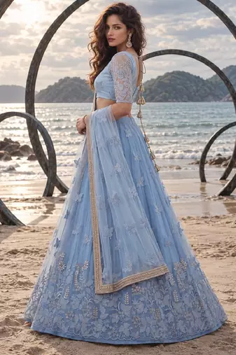MINT BLUE NET BEATS & THREAD EWMBROIDERY WITH SEQUINCE WORK FESTIVE LEHENGA CHOLI SET FOR WOMEN'S