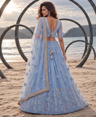 MINT BLUE NET BEATS & THREAD EWMBROIDERY WITH SEQUINCE WORK FESTIVE LEHENGA CHOLI SET FOR WOMEN'S 3