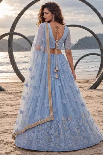 MINT BLUE NET BEATS & THREAD EWMBROIDERY WITH SEQUINCE WORK FESTIVE LEHENGA CHOLI SET FOR WOMEN'S