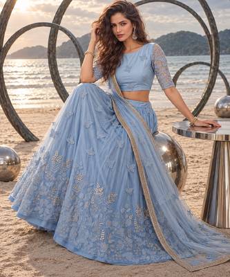 MINT BLUE NET BEATS & THREAD EWMBROIDERY WITH SEQUINCE WORK FESTIVE LEHENGA CHOLI SET FOR WOMEN'S 4