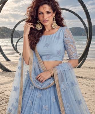 MINT BLUE NET BEATS & THREAD EWMBROIDERY WITH SEQUINCE WORK FESTIVE LEHENGA CHOLI SET FOR WOMEN'S 5