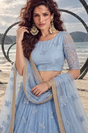 MINT BLUE NET BEATS & THREAD EWMBROIDERY WITH SEQUINCE WORK FESTIVE LEHENGA CHOLI SET FOR WOMEN'S
