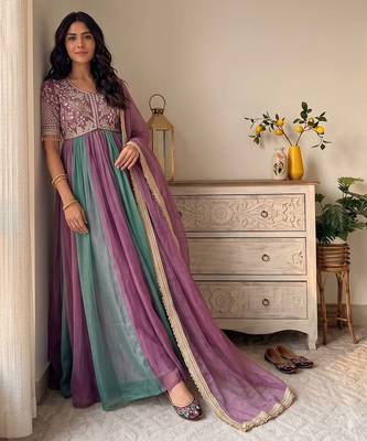 Purple&teal silk blend readymade anarkali suit with embroidery & beads work 1