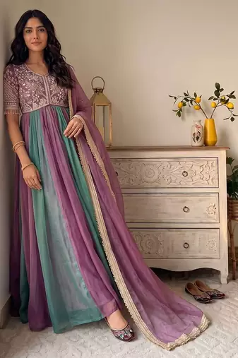 Purple&teal silk blend readymade anarkali suit with embroidery & beads work
