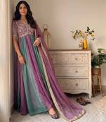 Purple&teal silk blend readymade anarkali suit with embroidery & beads work