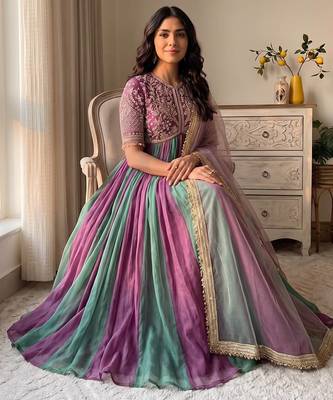 Purple&teal silk blend readymade anarkali suit with embroidery & beads work 2