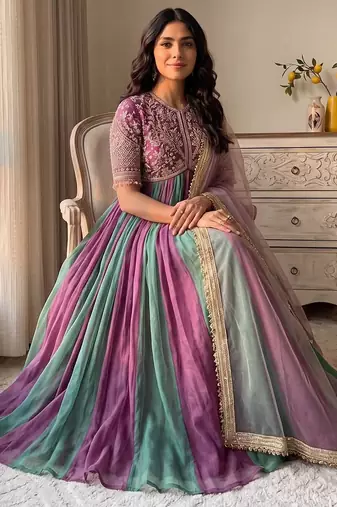 Purple&teal silk blend readymade anarkali suit with embroidery & beads work