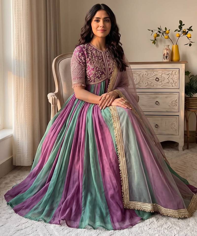 Purple&teal silk blend readymade anarkali suit with embroidery & beads work