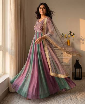 Purple&teal silk blend readymade anarkali suit with embroidery & beads work 3