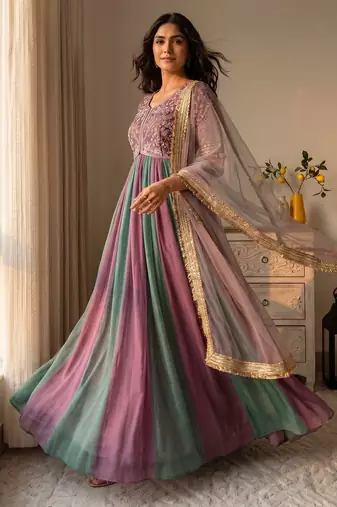 Purple&teal silk blend readymade anarkali suit with embroidery & beads work