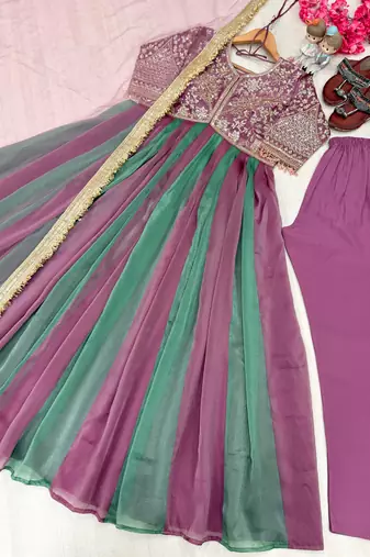 Purple&teal silk blend readymade anarkali suit with embroidery & beads work
