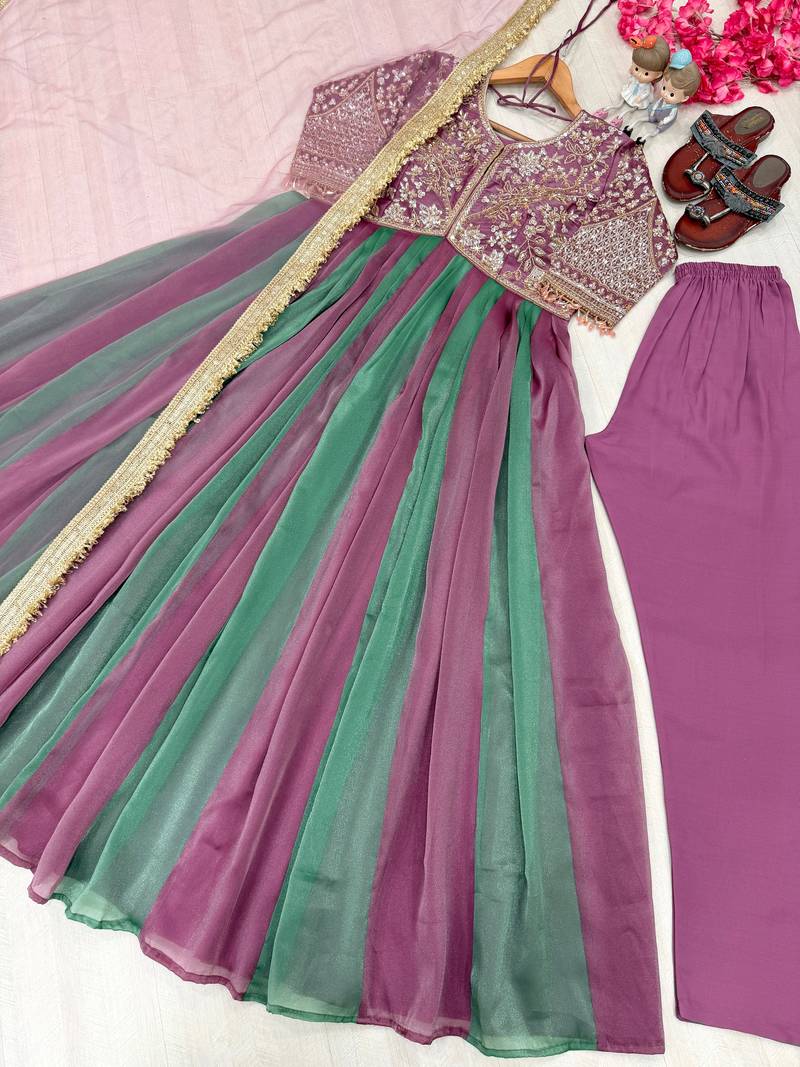 Purple&teal silk blend readymade anarkali suit with embroidery & beads work