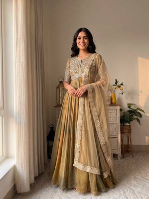 Mustard silk blend readymade anarkali suit with embroidery & beads work 1