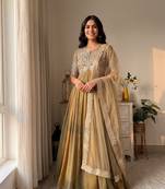 Mustard silk blend readymade anarkali suit with embroidery & beads work
