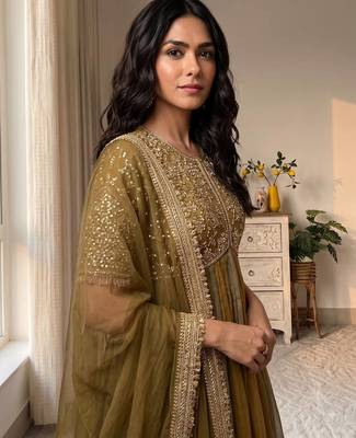 Mustard silk blend readymade anarkali suit with embroidery & beads work 2