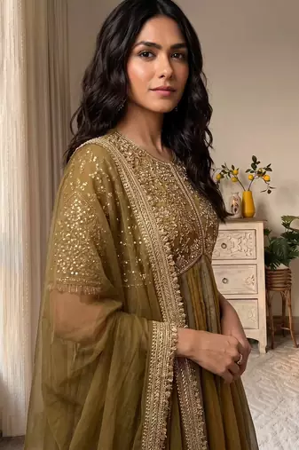 Mustard silk blend readymade anarkali suit with embroidery & beads work