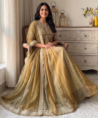 Mustard silk blend readymade anarkali suit with embroidery & beads work 3
