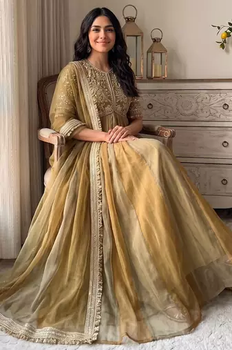 Mustard silk blend readymade anarkali suit with embroidery & beads work