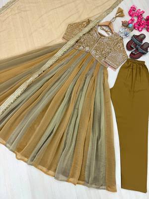 Mustard silk blend readymade anarkali suit with embroidery & beads work 4