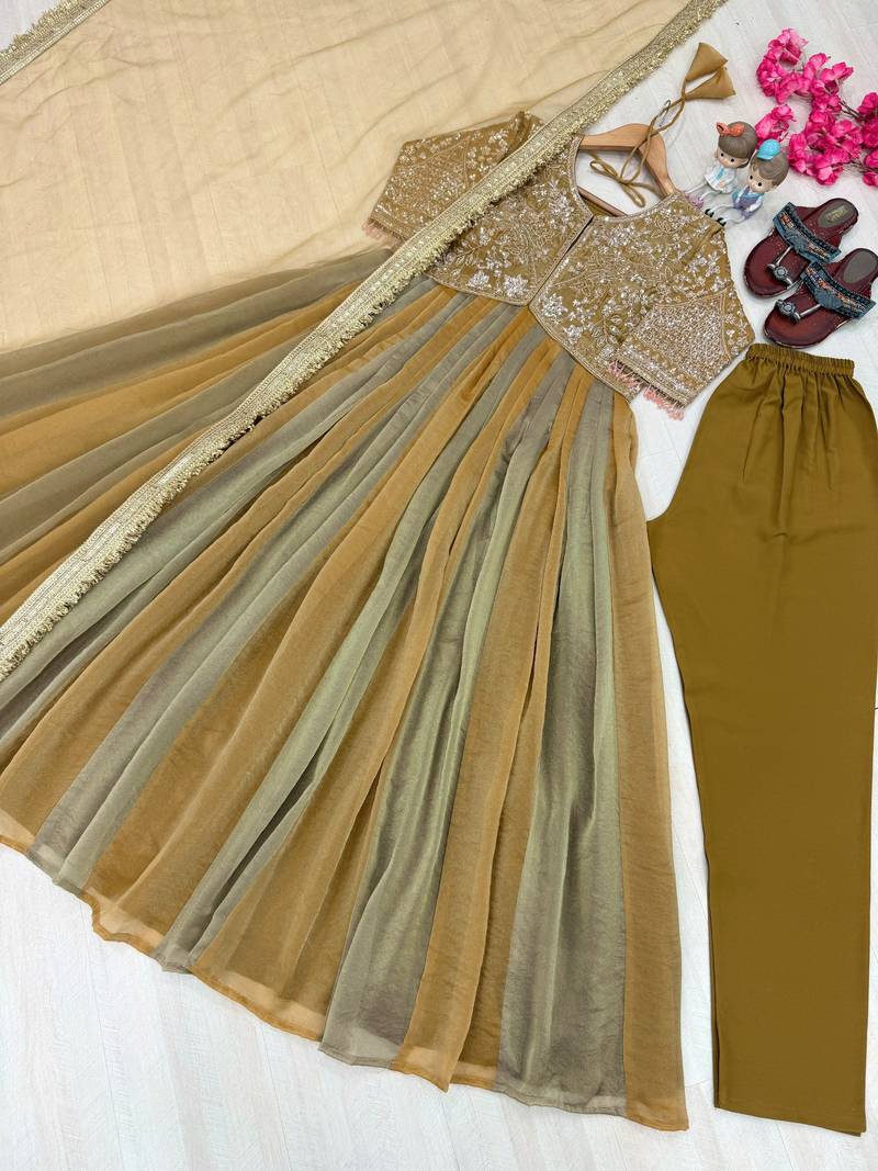 Mustard silk blend readymade anarkali suit with embroidery & beads work