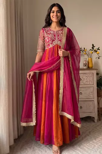 Rani&rust silk blend readymade anarkali suit with embroidery & beads work