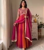 Rani&rust silk blend readymade anarkali suit with embroidery & beads work