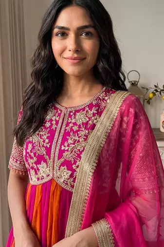 Rani&rust silk blend readymade anarkali suit with embroidery & beads work