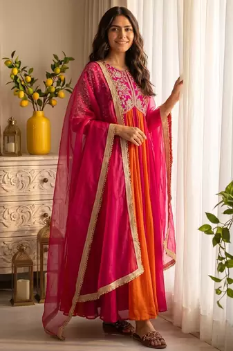 Rani&rust silk blend readymade anarkali suit with embroidery & beads work