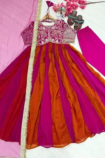 Rani&rust silk blend readymade anarkali suit with embroidery & beads work