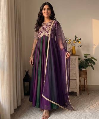 Violet&green silk blend readymade anarkali suit with embroidery & beads work 1