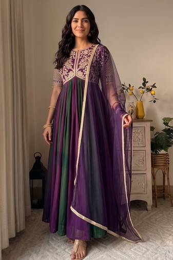Violet&green silk blend readymade anarkali suit with embroidery & beads work