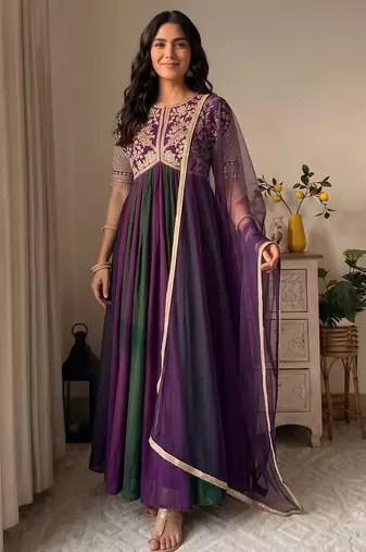 Violet&green silk blend readymade anarkali suit with embroidery & beads work