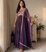 Violet&green silk blend readymade anarkali suit with embroidery & beads work
