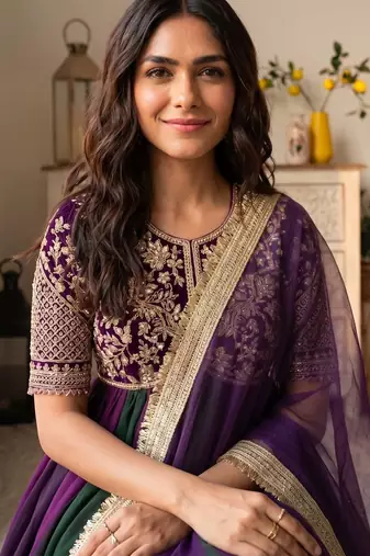 Violet&green silk blend readymade anarkali suit with embroidery & beads work