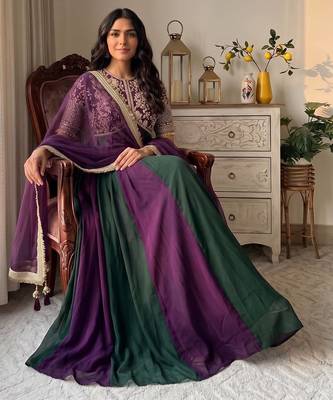 Violet&green silk blend readymade anarkali suit with embroidery & beads work 3
