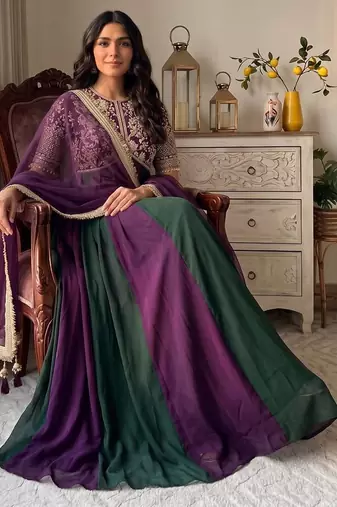Violet&green silk blend readymade anarkali suit with embroidery & beads work