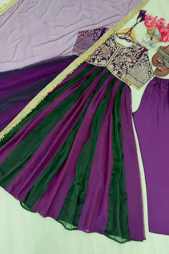 Violet&green silk blend readymade anarkali suit with embroidery & beads work