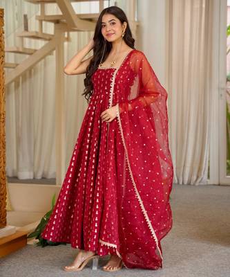 Maroon chinon readymade anarkali suit with embroidery & sequence work 1