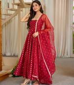Maroon chinon readymade anarkali suit with embroidery & sequence work