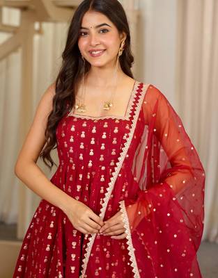 Maroon chinon readymade anarkali suit with embroidery & sequence work 2