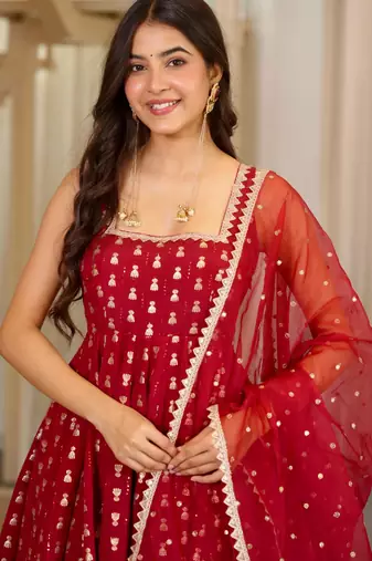 Maroon chinon readymade anarkali suit with embroidery & sequence work