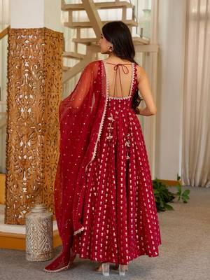 Maroon chinon readymade anarkali suit with embroidery & sequence work 3