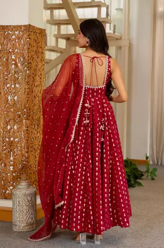 Maroon chinon readymade anarkali suit with embroidery & sequence work