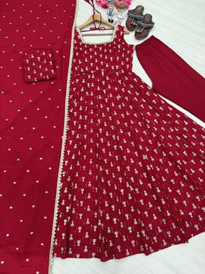 Maroon chinon readymade anarkali suit with embroidery & sequence work 4