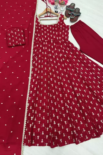 Maroon chinon readymade anarkali suit with embroidery & sequence work