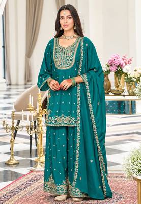 Teal chinon readymade suit with embroidery & sequence work 1