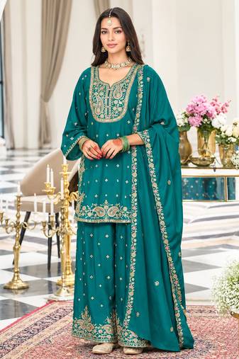 Teal chinon readymade suit with embroidery & sequence work