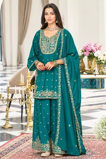 Teal chinon readymade suit with embroidery & sequence work
