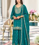 Teal chinon readymade suit with embroidery & sequence work